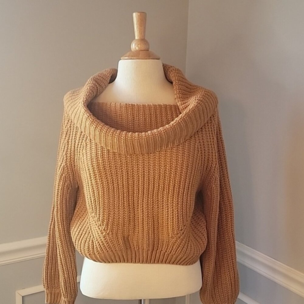 LULUS Camel Cropped Cable Knit Ribbed Cowl‎ Neck Boho Pull Over Sweater XS NEW